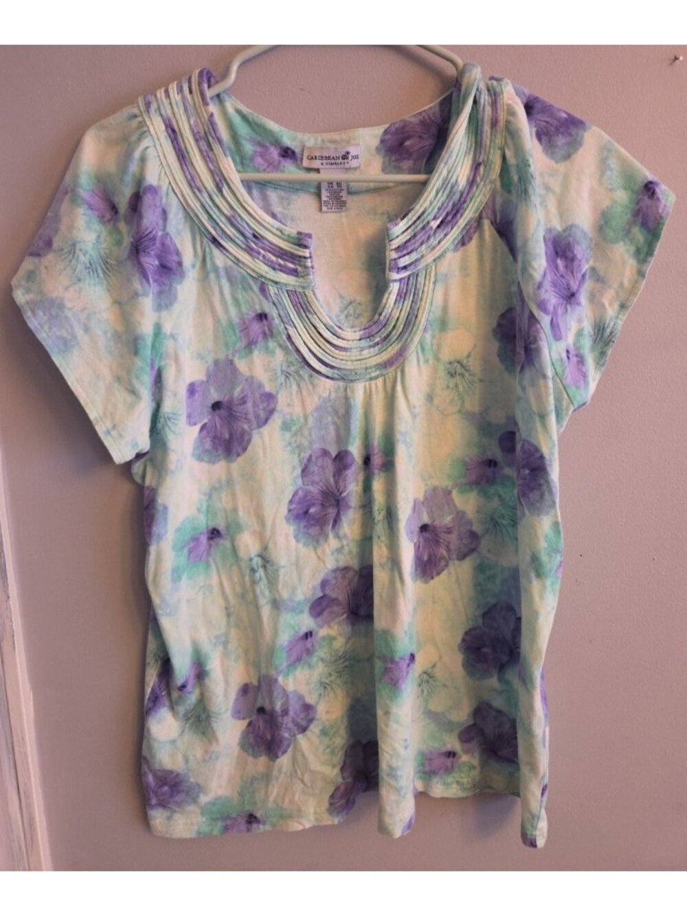 Caribbean Joe Shirt Women Large Multicolor Purple  FloralCasual Top